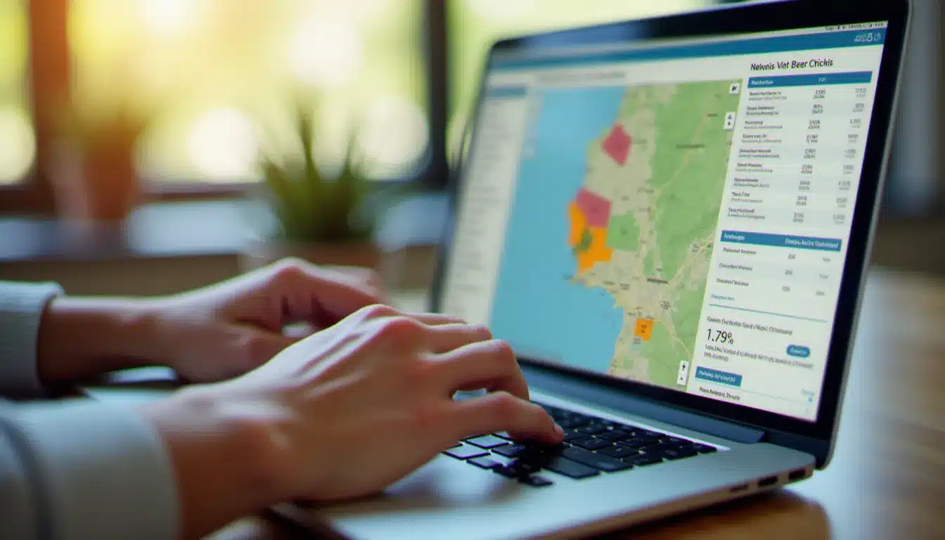 Mains sur un clavier d'ordinateur affichant une carte interactive de comparaison des prix d'achat de maison en ligne