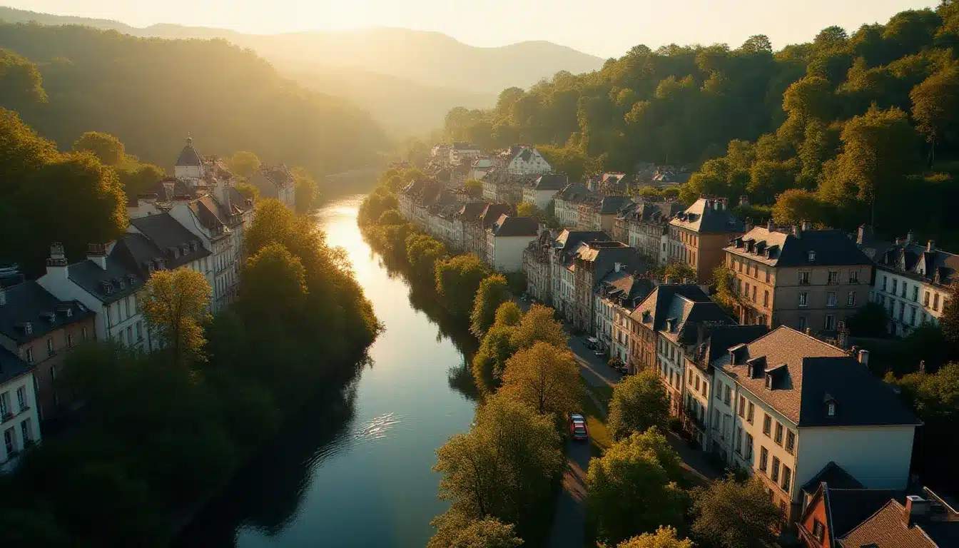 Vue aérienne d'une ville thermale française avec maisons résidentielles illustrant les variations régionales des prix d'achat immobilier