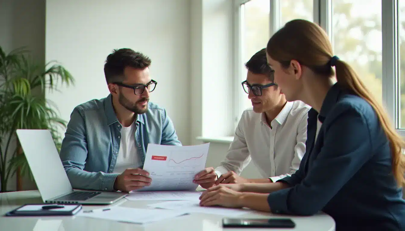 Un couple consulte un site internet de prix d'achat maison avec un conseiller immobilier dans un bureau lumineux