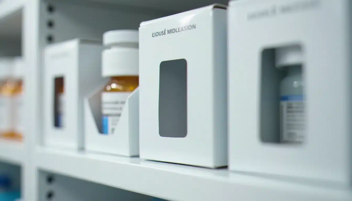 Rayons de médicaments en pharmacie avec des emplacements vides symbolisant une rupture de stock de médicaments