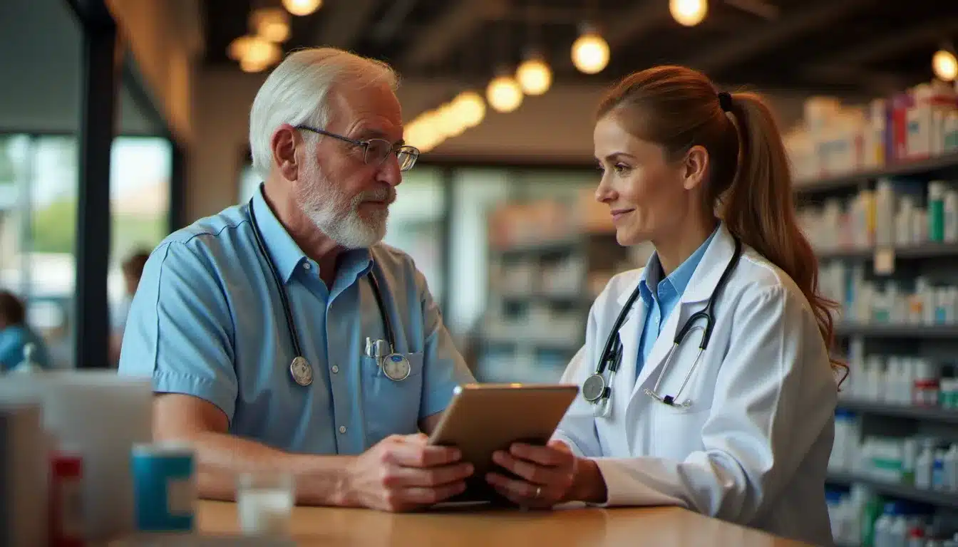 Patient et pharmacienne en consultation à l'officine pour trouver une alternative lors d'une rupture de stock de médicament