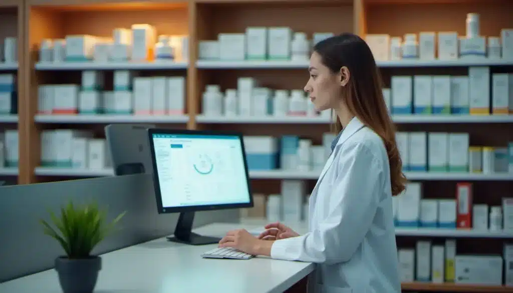 Pharmacienne consultant la plateforme vigirupture sur un écran d'ordinateur en officine, avec des rayonnages de médicaments bien organisés en arrière-plan