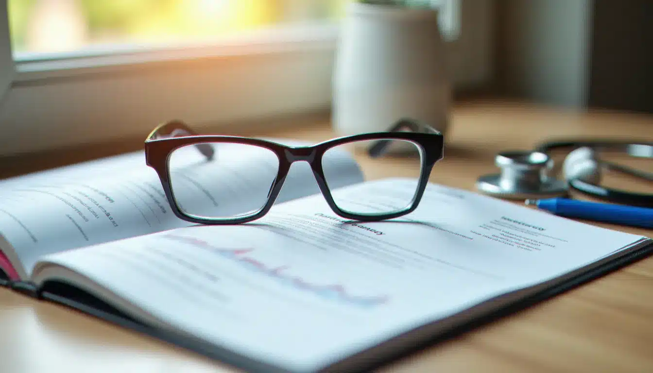Lunettes de vue posées sur un livret de remboursement Sécurité sociale illustrant les remboursements optique du dispositif 100 santé