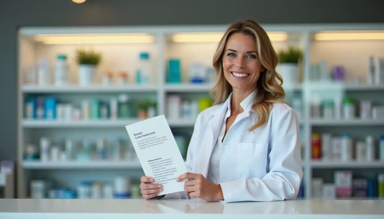 Pharmacienne à Vichy expliquant le dispositif 100 santé comment ça marche à un patient au comptoir de la pharmacie