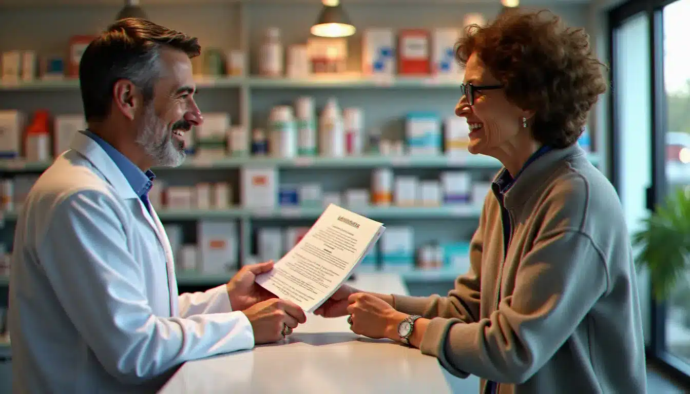 Pharmacienne remettant un document de prévention santé publique à une patiente au comptoir d'une pharmacie française