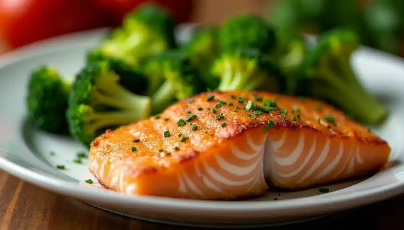 Assiette équilibrée avec du saumon cuit à l'air fryer et des brocolis vapeur, illustrant les avantages nutritionnels de ce mode de cuisson