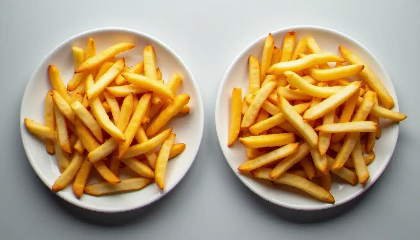 Comparaison visuelle entre des frites issues d'une friture traditionnelle et des frites cuites à l'air fryer, montrant la différence de teneur en matières grasses