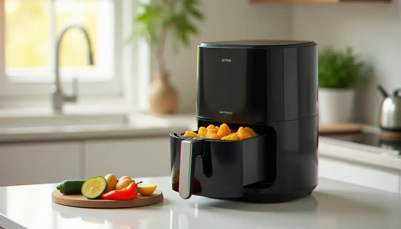 Air fryer ouvert avec des légumes dorés dans le panier, illustration du mode de cuisson à air chaud pour un avis santé sur l'air fryer