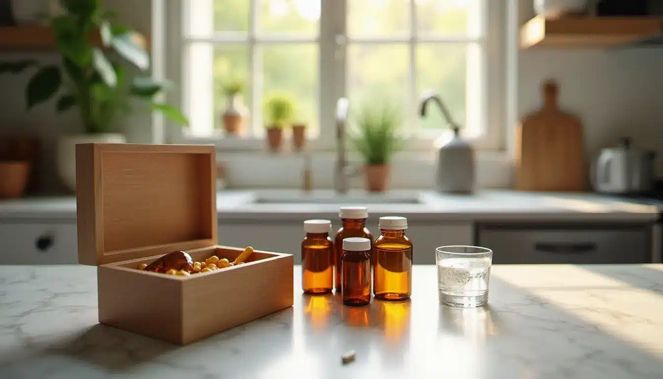 Flacons de compléments alimentaires bien-être posés sur un plan de travail, représentant les suppléments corps esprit disponibles en pharmacie