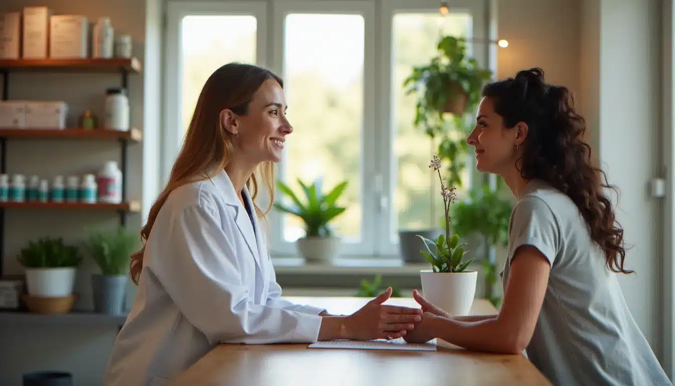 Une pharmacienne conseille une patiente sur les approches santé corps esprit dans une officine française lumineuse