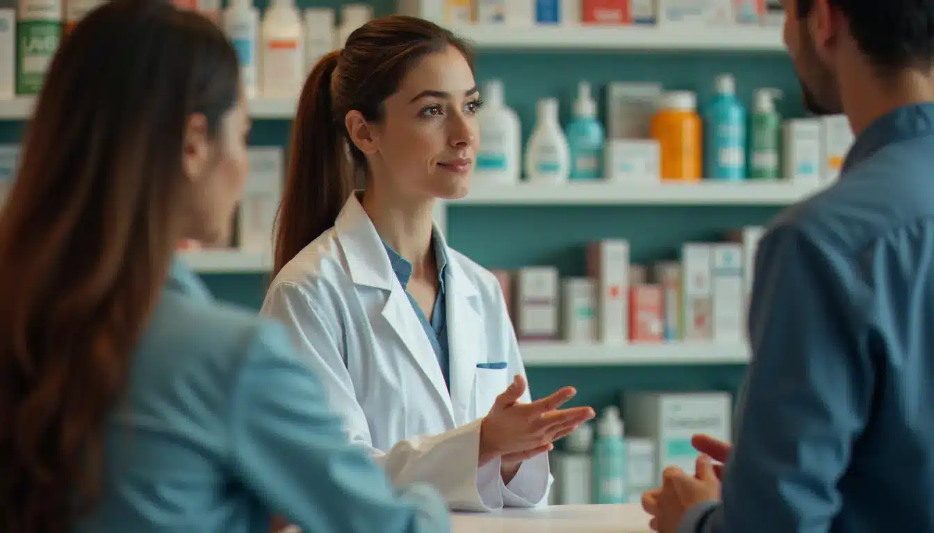 Pharmacienne conseillant un client sur les achats santé discount et les alternatives en officine