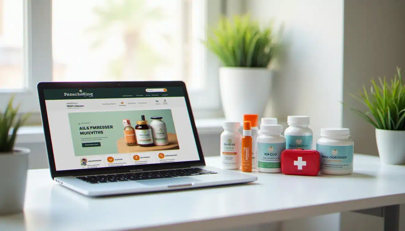 Comparaison d'avis santé discount sur un ordinateur portable entouré de produits de parapharmacie sur un bureau blanc