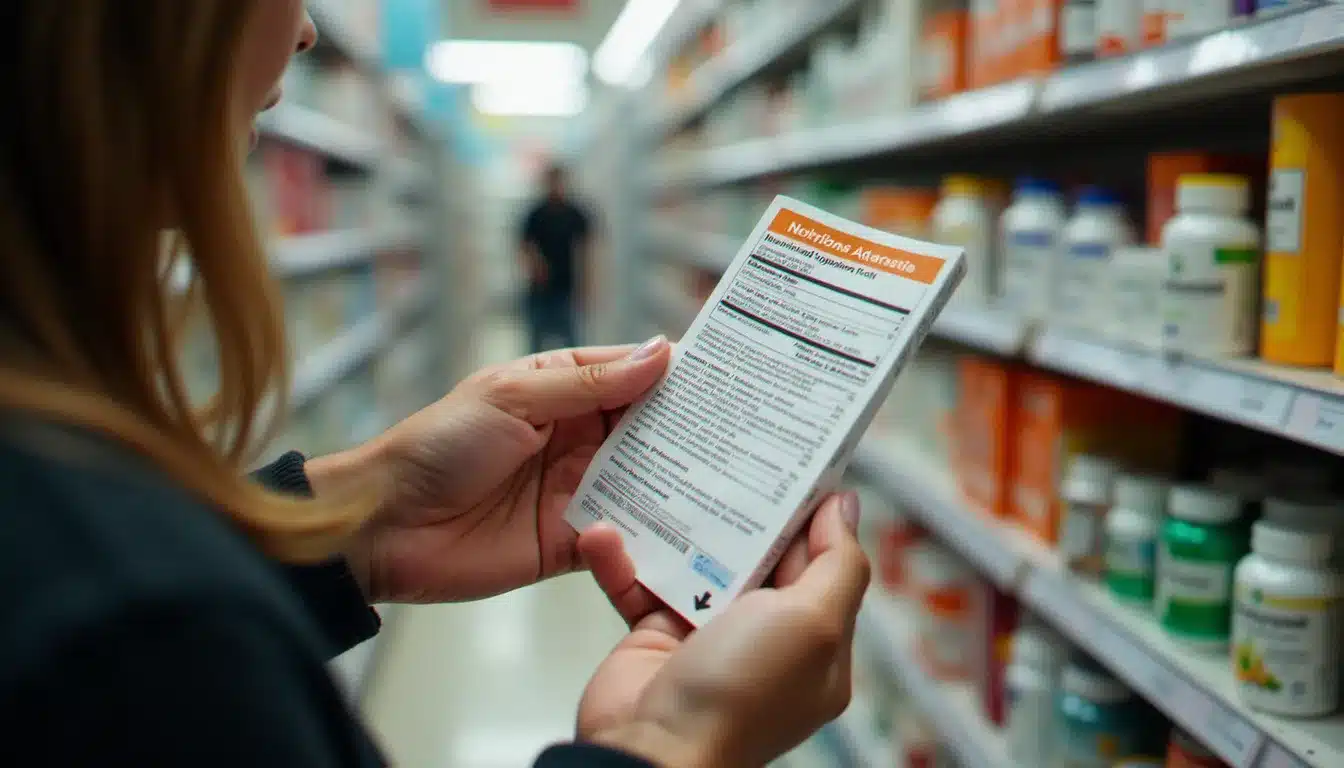 Femme lisant la composition d'un complément alimentaire en gummies dans un rayon de pharmacie