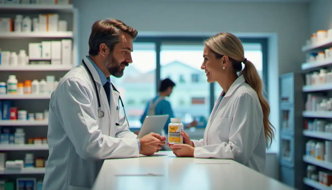 Pharmacien conseillant un client sur les compléments alimentaires Fruggies lors d'une consultation en officine