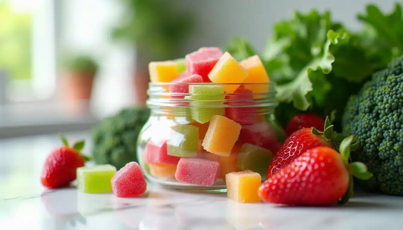 Gummies Fruggies à base de fruits et légumes dans un bocal en verre, entourés d'ingrédients frais illustrant l'avis santé sur les Fruggies