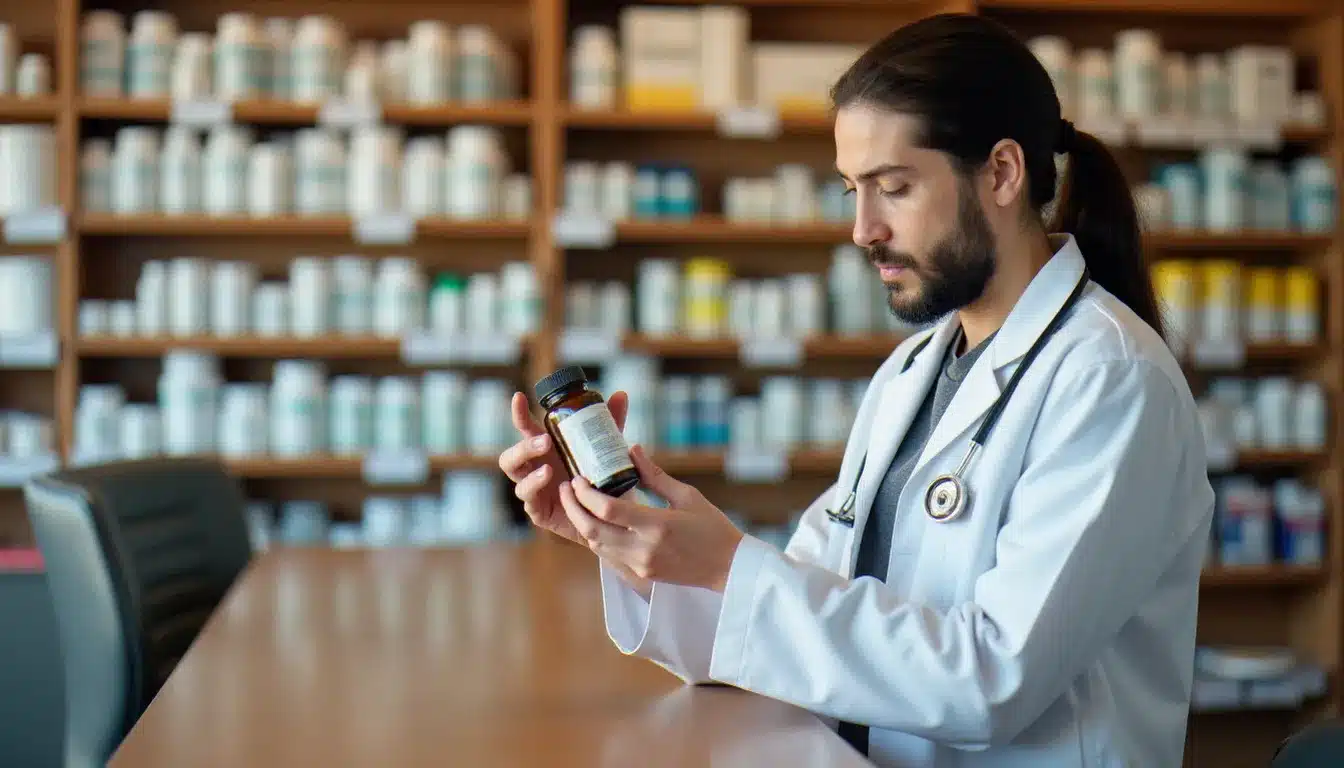 Un pharmacien en blouse blanche lisant attentivement l'étiquette d'un complément alimentaire en officine