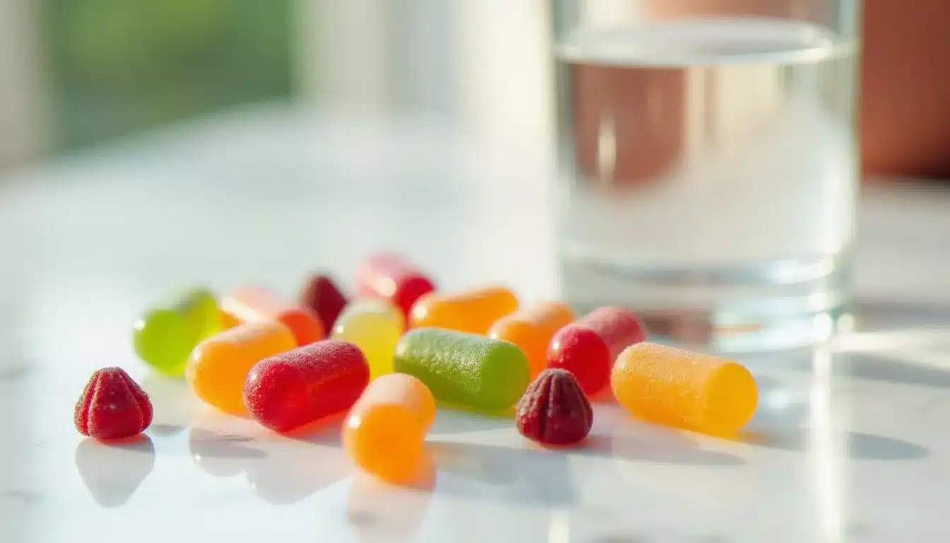 Gummies et compléments alimentaires colorés sur un plan de travail blanc, illustrant les avis sur les produits Santé Holy