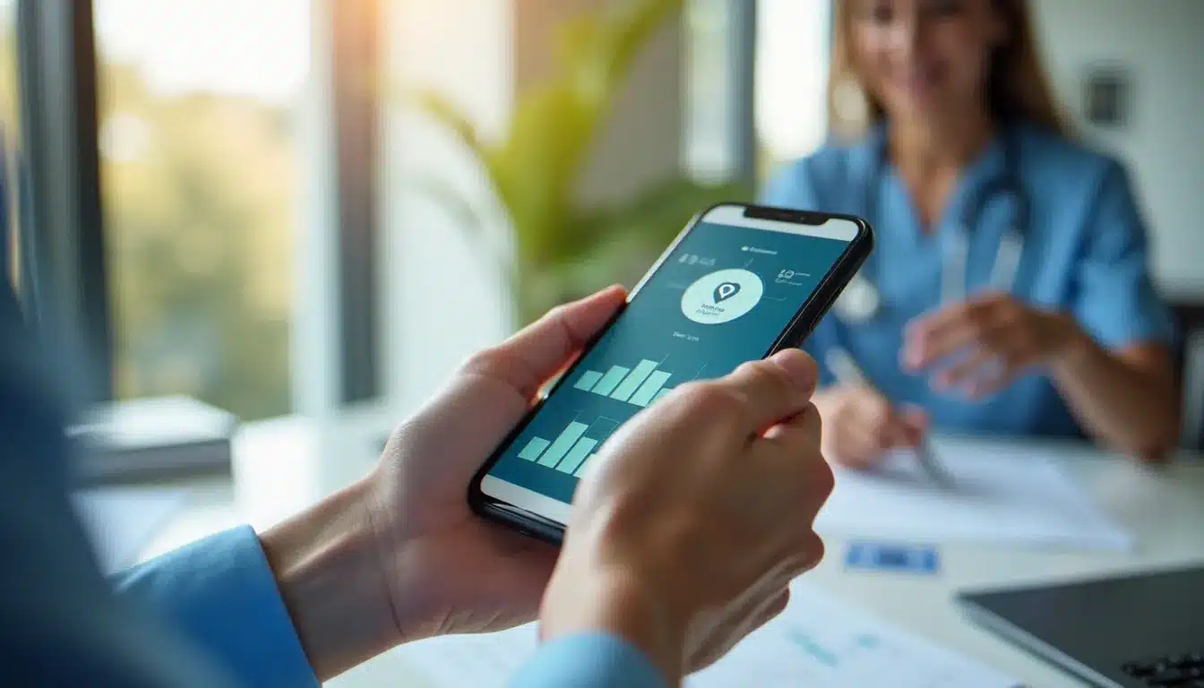 Gros plan d'un smartphone affichant une interface de coffre-fort médical numérique, illustrant les fonctionnalités d'un service de santé en ligne