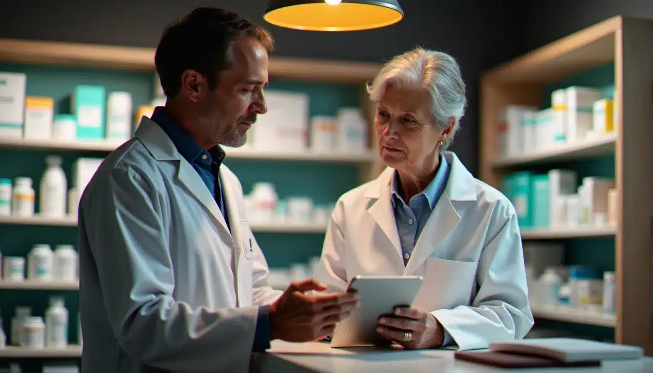 Un pharmacien en blouse blanche conseillant un patient au comptoir d'une pharmacie, tablette à la main, dans le cadre d'un suivi de santé numérique