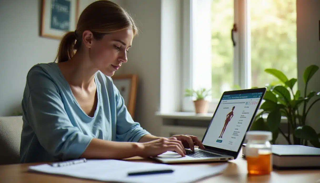 Une femme consultant un service de santé en ligne sur son ordinateur portable, entourée de documents médicaux, illustrant la recherche d'avis Sante Net