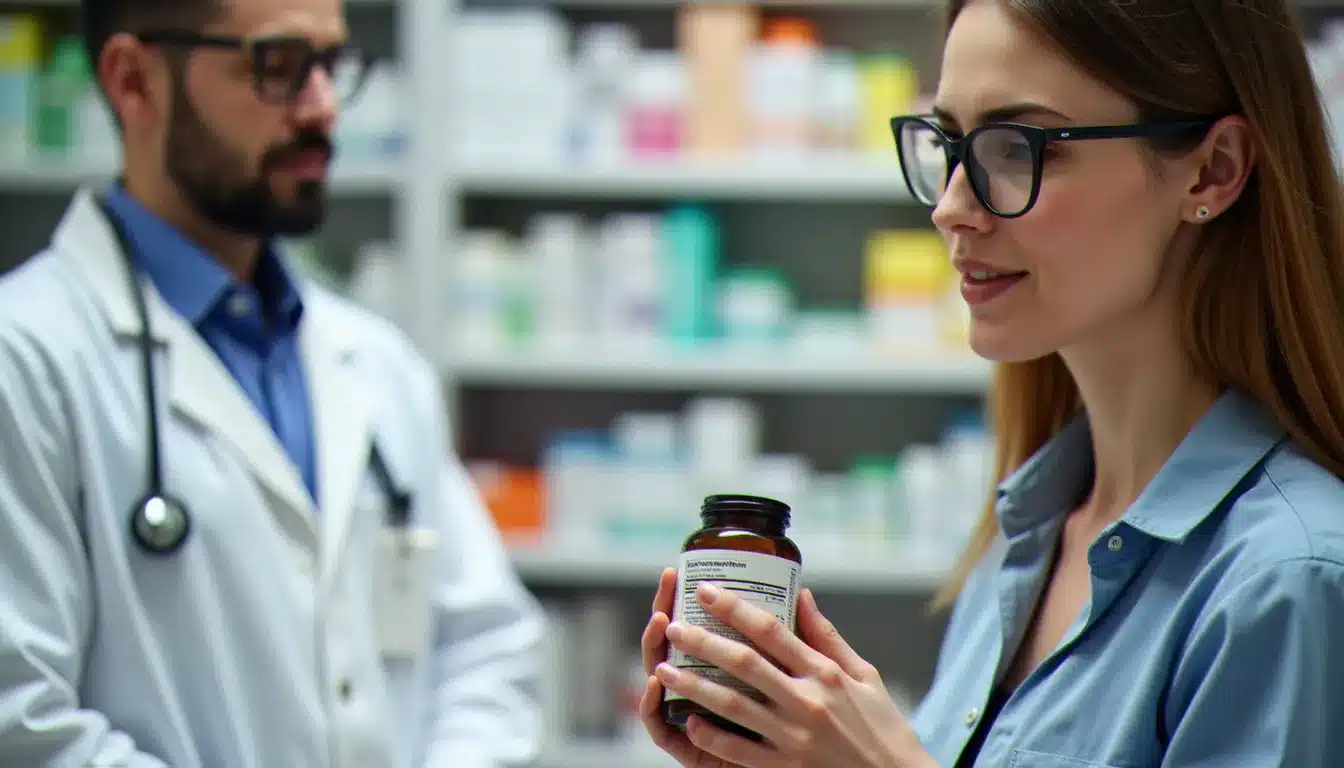 Consommatrice lisant attentivement l'étiquette d'un complément alimentaire en pharmacie pour évaluer un avis santé nutrition