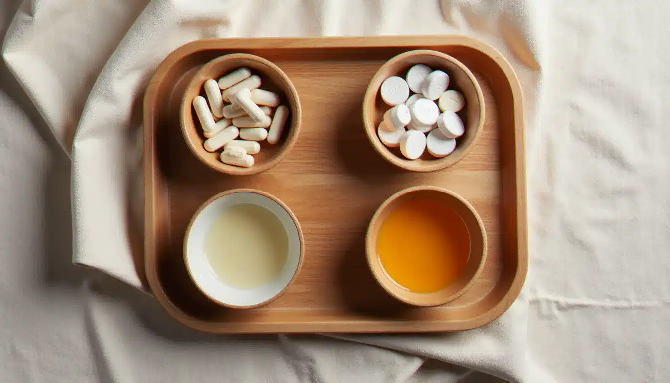 Comparatif visuel des principales catégories de compléments alimentaires en santé nutrition disposés sur un plateau en bois