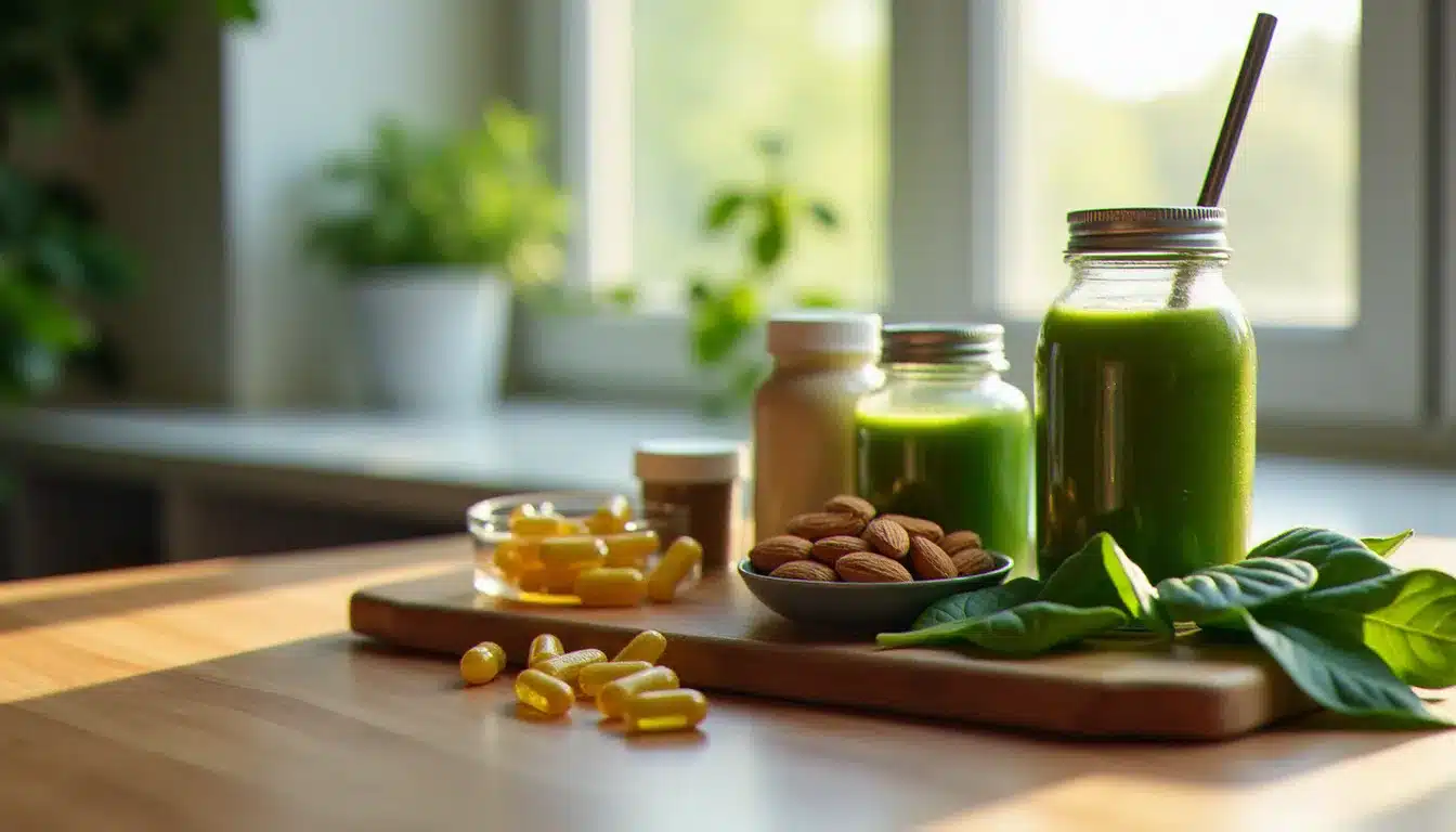 Sélection de compléments alimentaires et aliments frais illustrant un avis santé nutrition équilibré