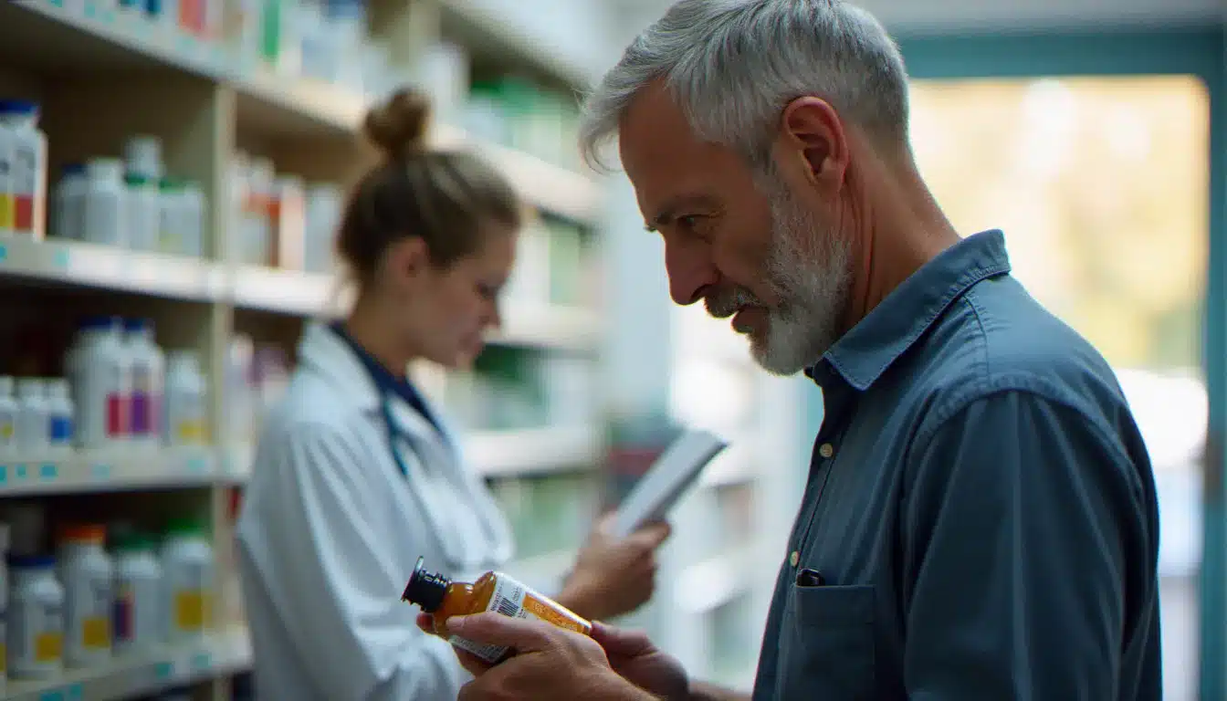 Homme d'une cinquantaine d'années lisant attentivement la composition d'un complément alimentaire en pharmacie