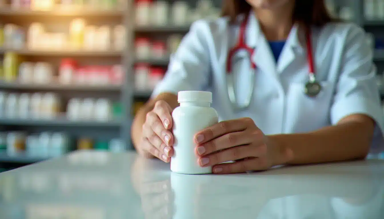 Flacon de complément alimentaire Santé Procare posé sur un comptoir de pharmacie, illustrant l'avis santé procare