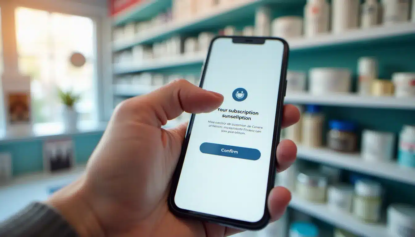 Écran de smartphone affichant une demande de résiliation d'abonnement santé en ligne, doigt prêt à confirmer l'annulation
