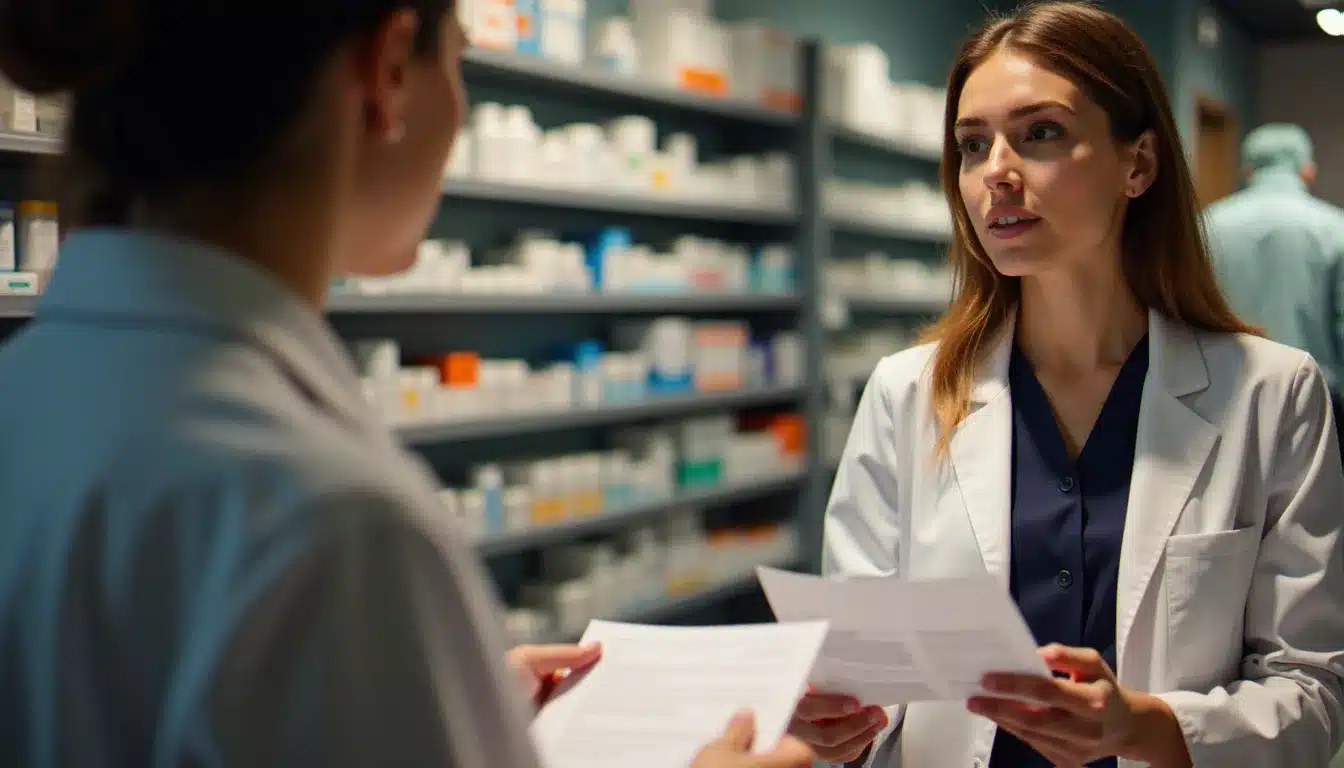 Pharmacienne en blouse blanche conseillant un patient sur ses droits liés à un abonnement santé dans une pharmacie française