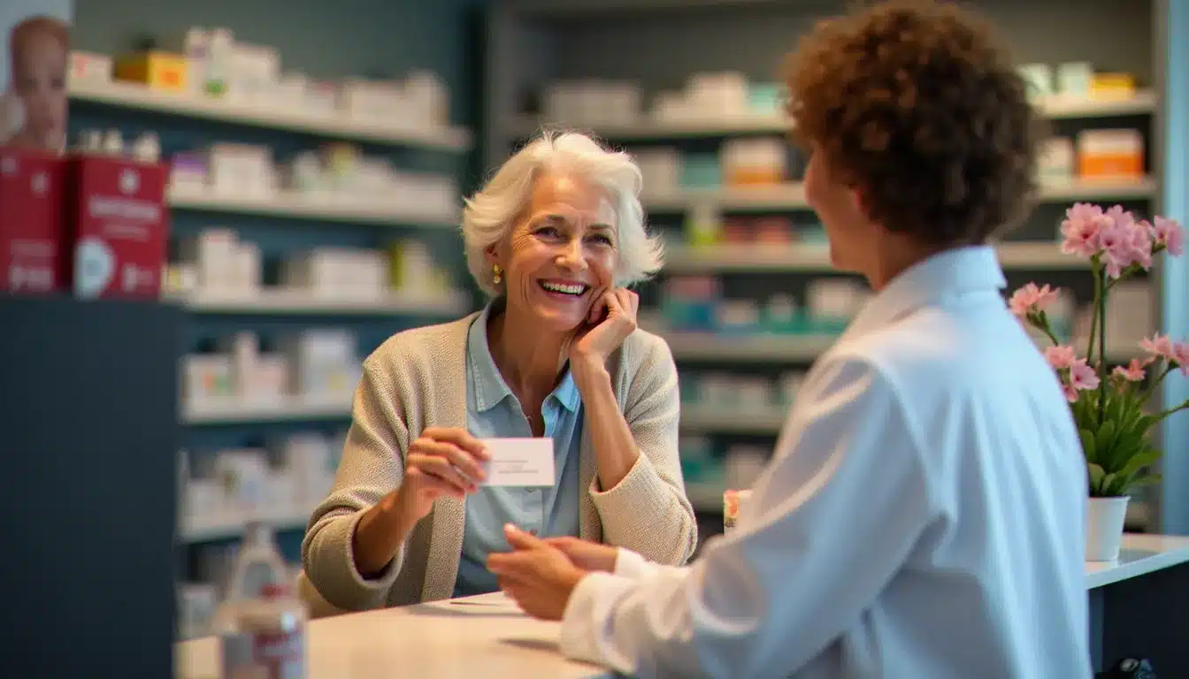 Une femme présentant sa carte Vitale à un pharmacien au comptoir, illustrant le remboursement en pratique avec la complémentaire santé