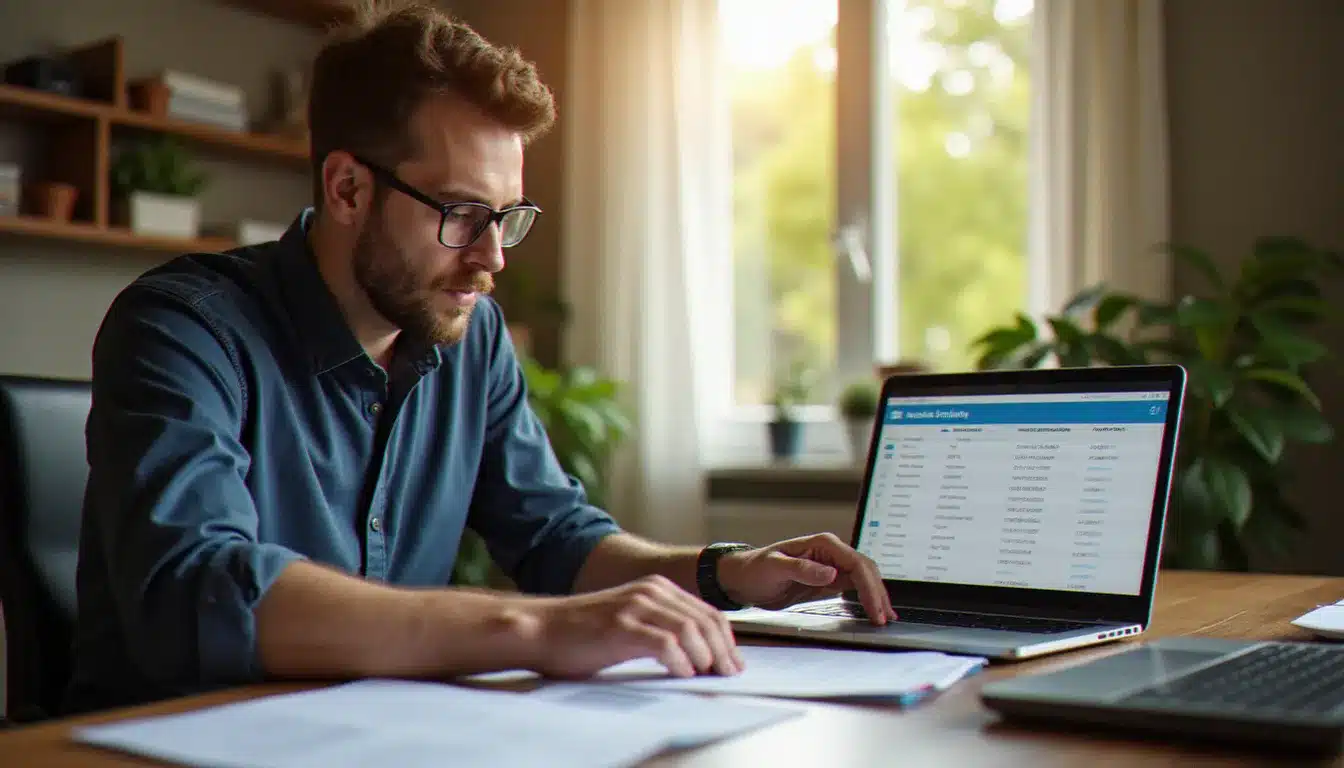 Un homme consultant son tableau de garanties de mutuelle sur ordinateur et en version papier, comparant les niveaux de remboursement de sa complémentaire santé