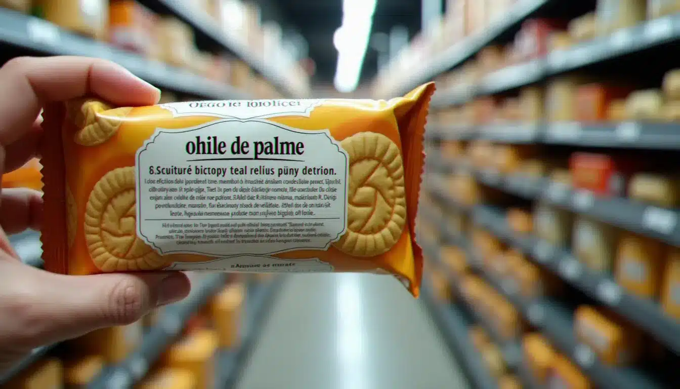 Etiquette de produit alimentaire industriel affichant huile de palme dans la liste des ingrédients, rappelant sa présence discrète dans les biscuits transformés