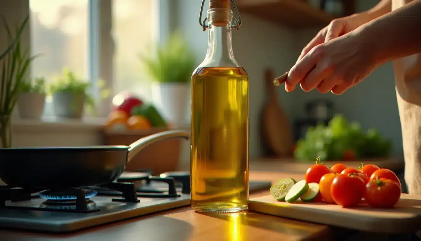 Personne cuisinant avec de l'huile d'olive dans une cuisine familiale, alternative saine à l'huile de palme raffinée pour réduire les risques cardiovasculaires