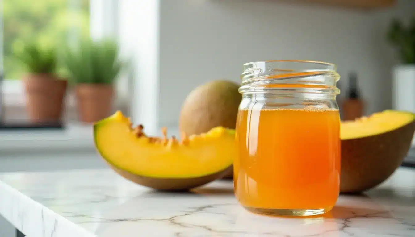 Huile de palme semi-solide dans un bocal en verre entouré de fruits de palme coupés, illustrant le danger santé de l'huile de palme dans l'alimentation industrielle