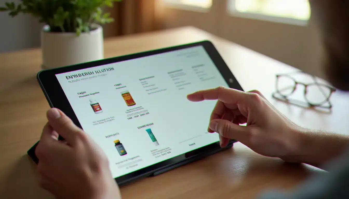 Tablette affichant une comparaison de prix de compléments alimentaires achetés sur internet en Belgique