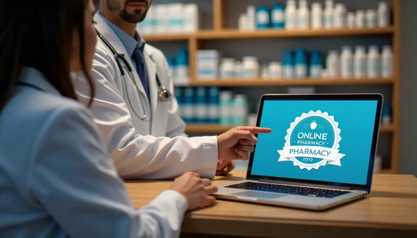 Pharmacien montrant à un client comment vérifier l'agrément d'une pharmacie en ligne belge sur un ordinateur