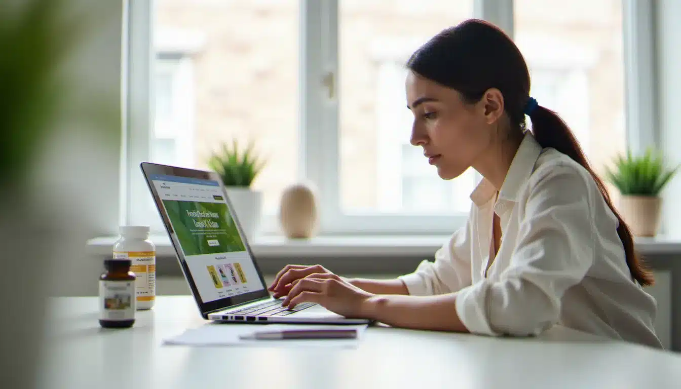 Femme comparant les prix internet en Belgique pour des produits de santé sur un ordinateur portable dans un bureau lumineux