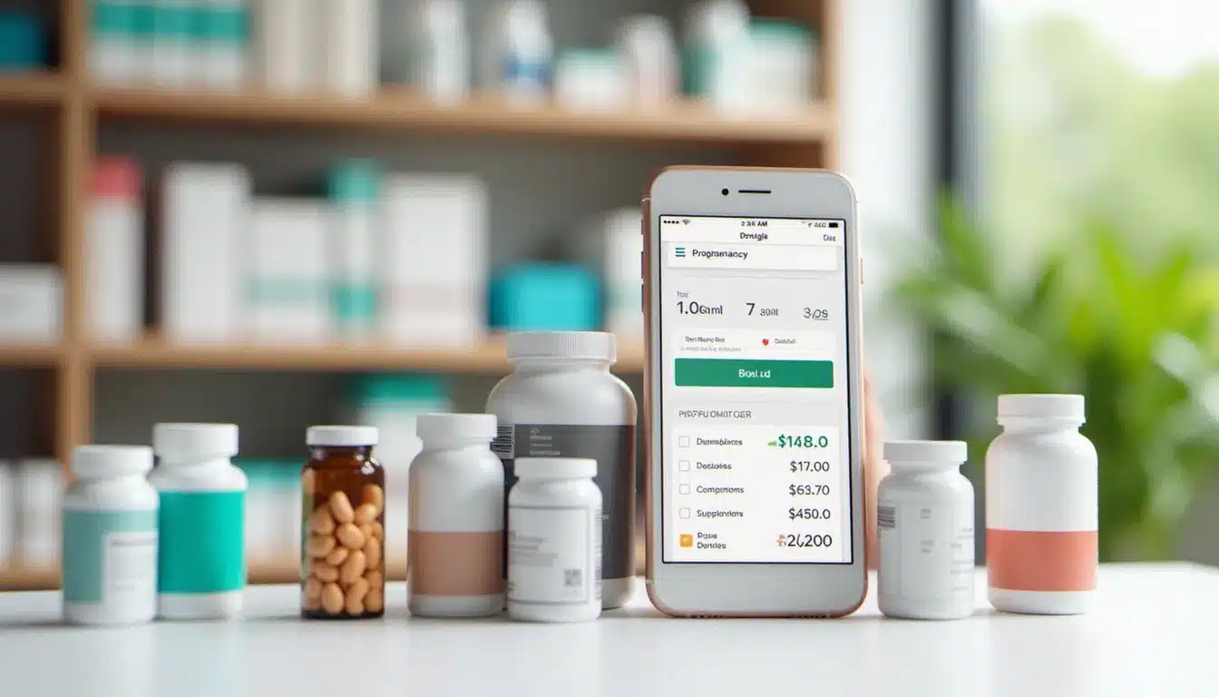Boîtes de médicaments et compléments alimentaires disposés à côté d'un smartphone affichant un comparateur de prix en ligne pour pharmacie