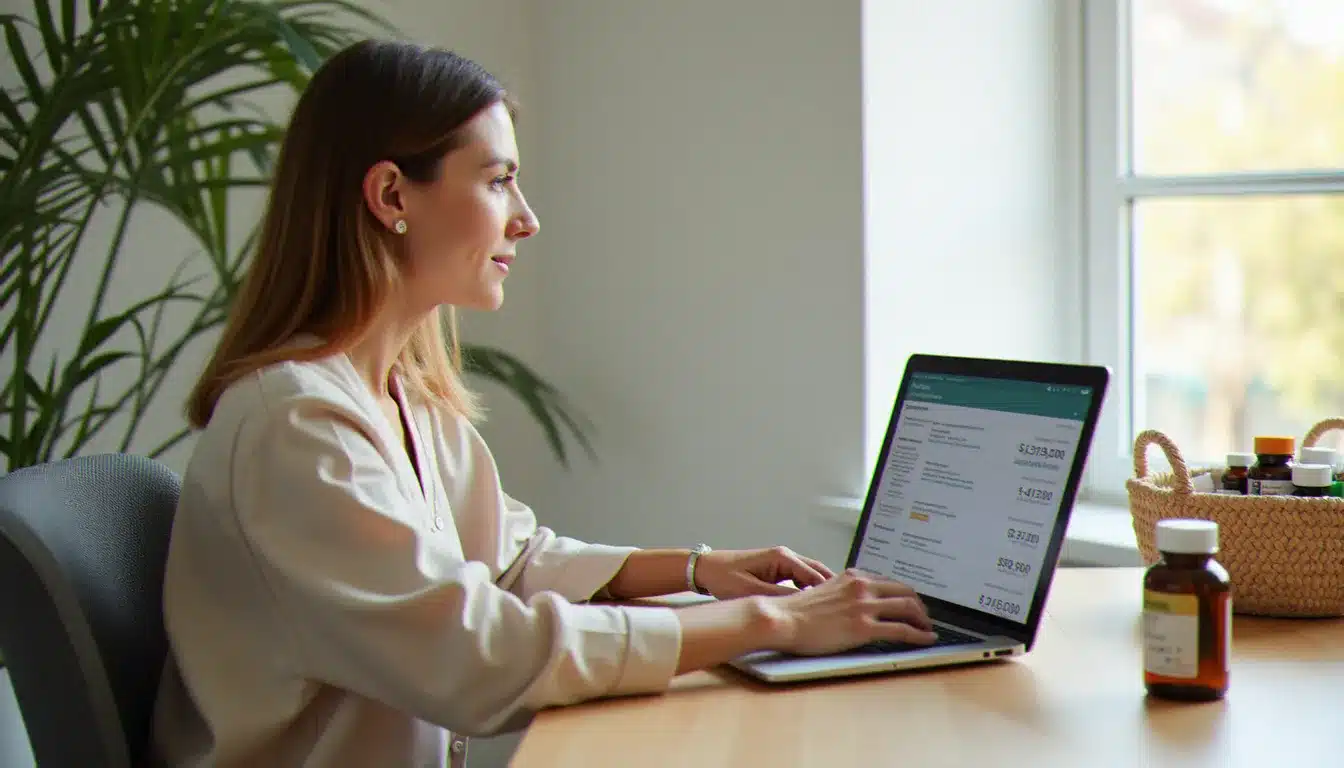 Femme comparant les prix de produits pharmaceutiques sur internet, à la recherche du prix le plus bas pour ses achats en pharmacie en ligne