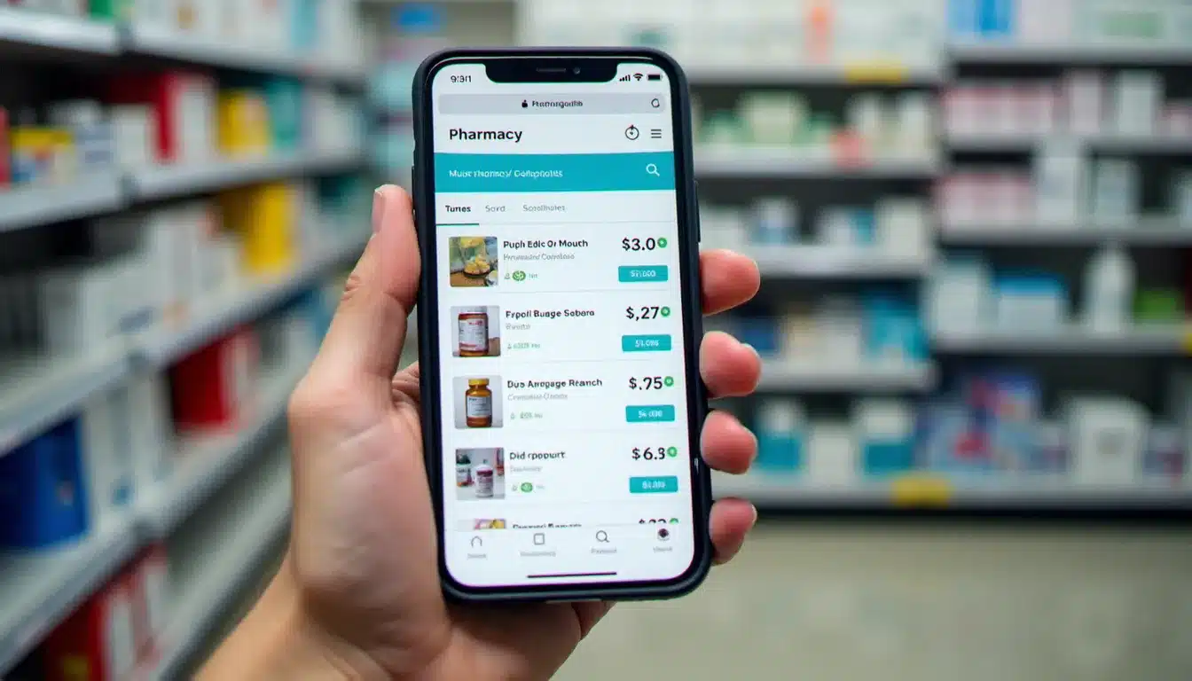 Smartphone affichant un site de pharmacie en ligne avec des prix de produits de santé, rayonnages de pharmacie en arrière-plan flou
