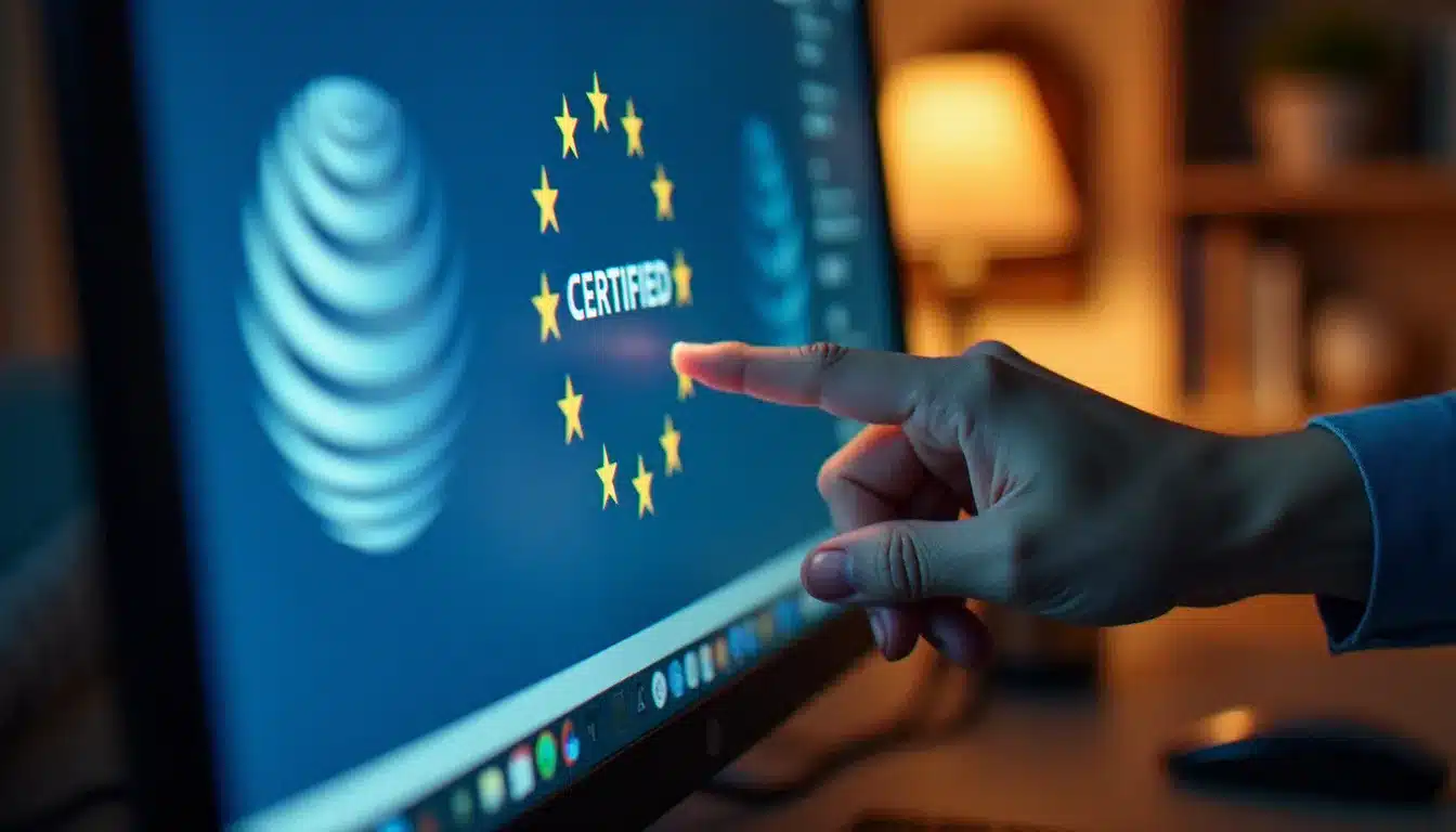 Gros plan sur le logo commun européen affiché sur un écran d'ordinateur, signe de confiance pour l'achat de médicaments en ligne sur une pharmacie agréée