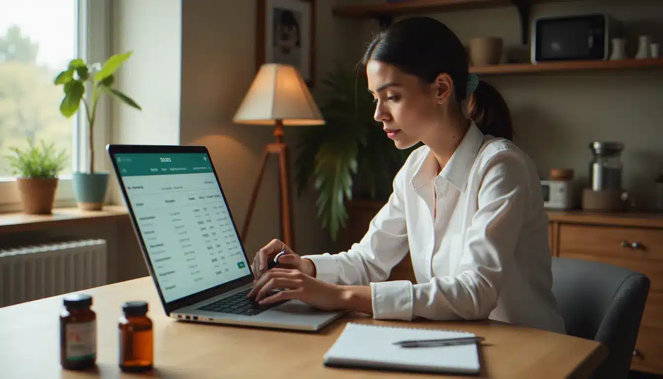 Femme comparant les internet prix par produit de parapharmacie sur un ordinateur portable à son domicile, avec des compléments alimentaires posés sur le bureau