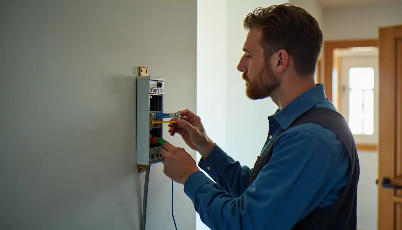 Technicien installant une connexion fibre optique dans un appartement pour un abonnement internet mensuel