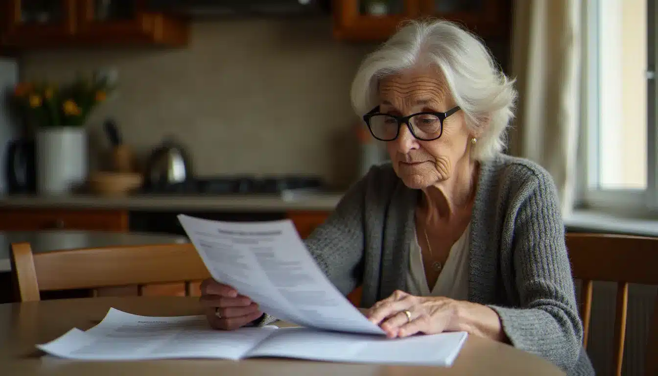 Femme âgée examinant des documents d'abonnement internet à domicile pour choisir le meilleur prix par mois