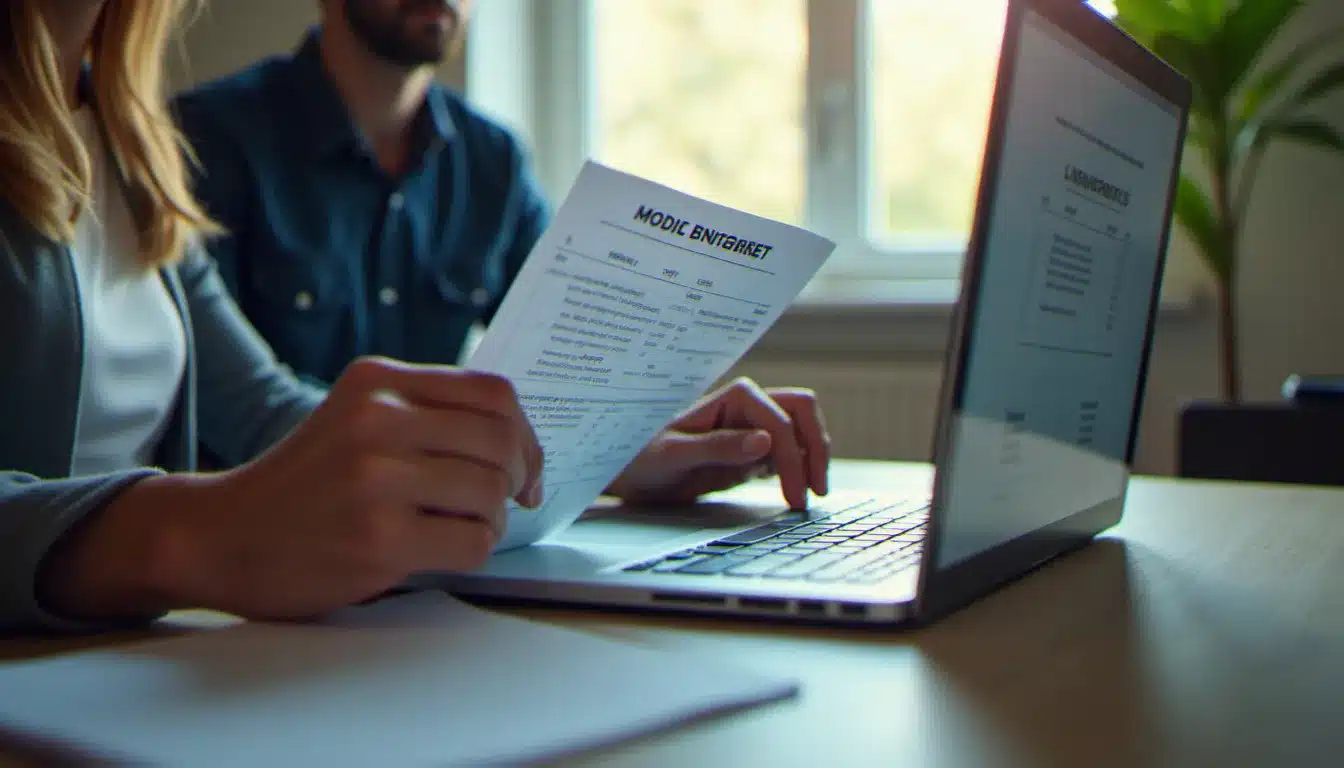 Personne comparant le prix d'internet par mois sur une facture et sur un écran d'ordinateur portable