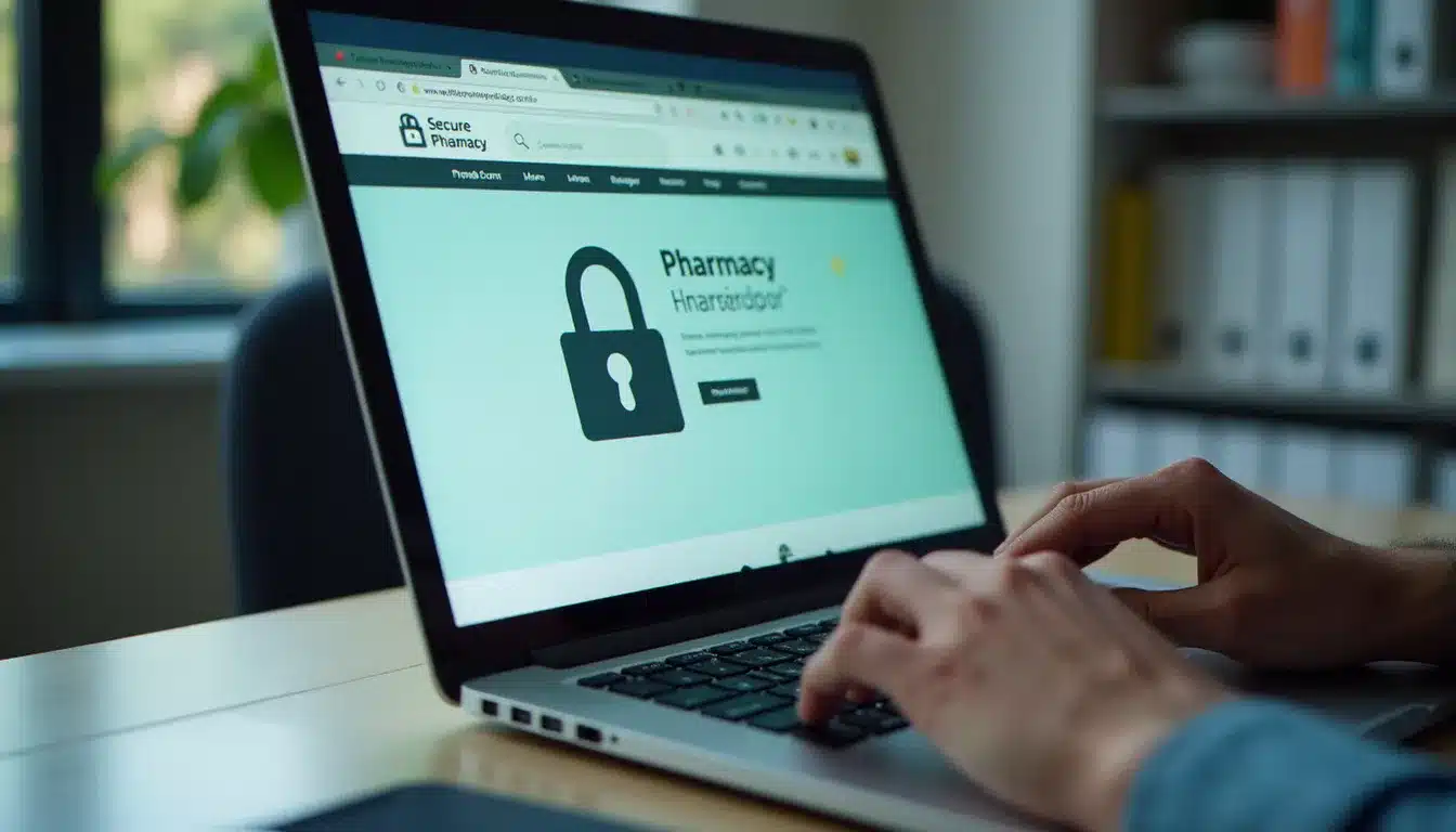 Écran d'ordinateur affichant un site de pharmacie en ligne sécurisé avec logo européen de confiance visible dans le navigateur