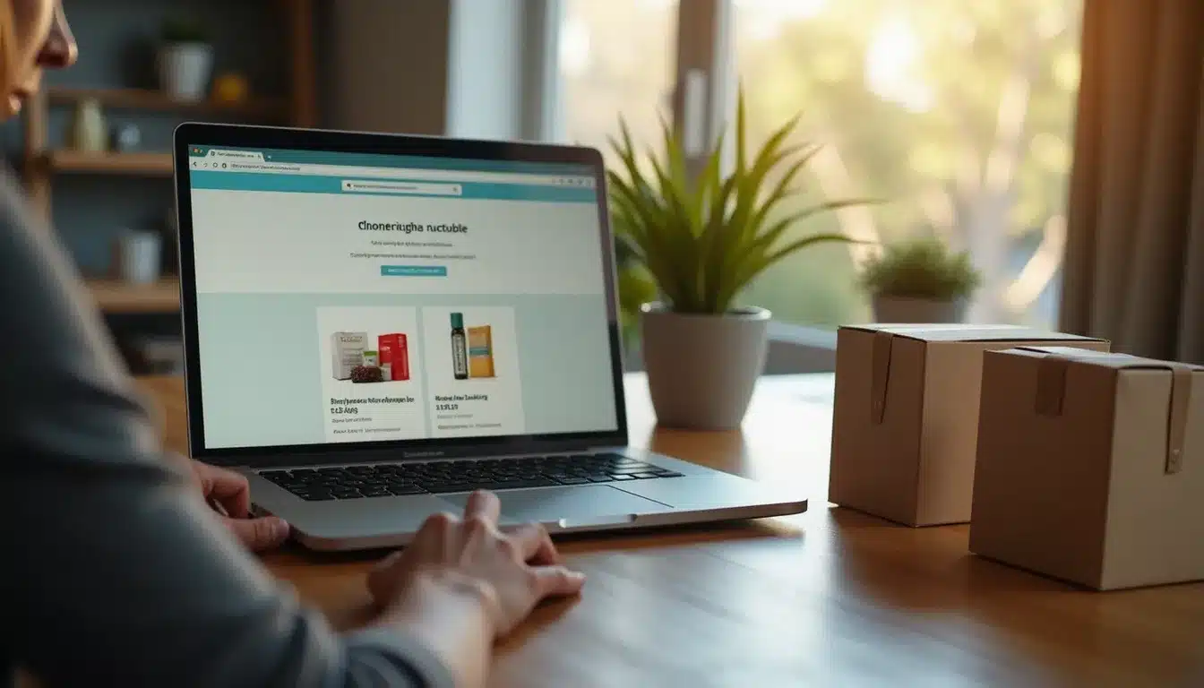 Personne comparant des prix de médicaments entre internet et pharmacie physique, illustrant la recherche de prix plus bas sur internet