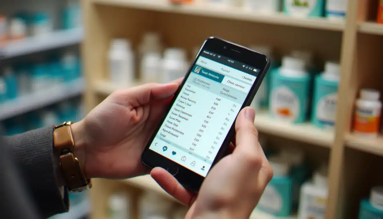 Comparaison de prix de produits parapharmacie sur smartphone, avec des boîtes de vitamines dans le rayon d'une pharmacie en arrière-plan